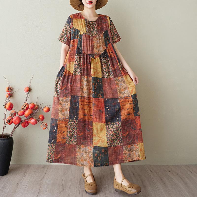 

2025 Summer Women s Cotton Linen Printed Round Neck Loose Fit Short Sleeve Dress - Plus Size Slimming Patchwork One Size коричневый/цветочный