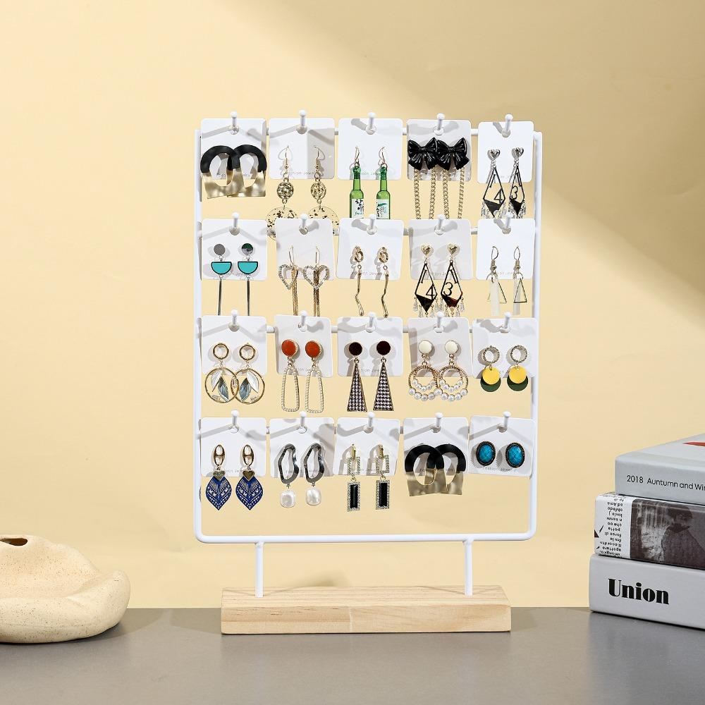 1pc Wooden Earring Display Stand - Sturdy Iron Frame, Painted Rectangular, Space-Saving Organizer Fits Hooks/Pendants/Earrings