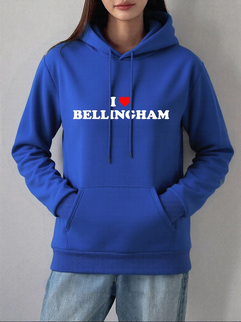 Ich liebe Bel Letter Bellingham Druck Hoodies Damen Winter Fleece Warmes Sweatshirt Lässiger Kängurutaschen-Pullover Street Locker Kleidung