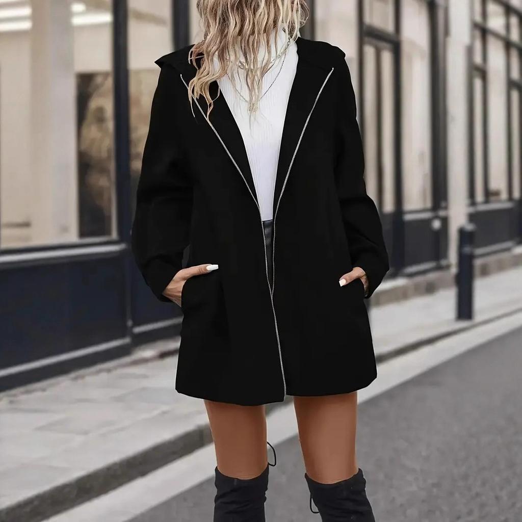European and American women's clothing elegant loose casual simple zipper pocket hooded jacket trench coat
