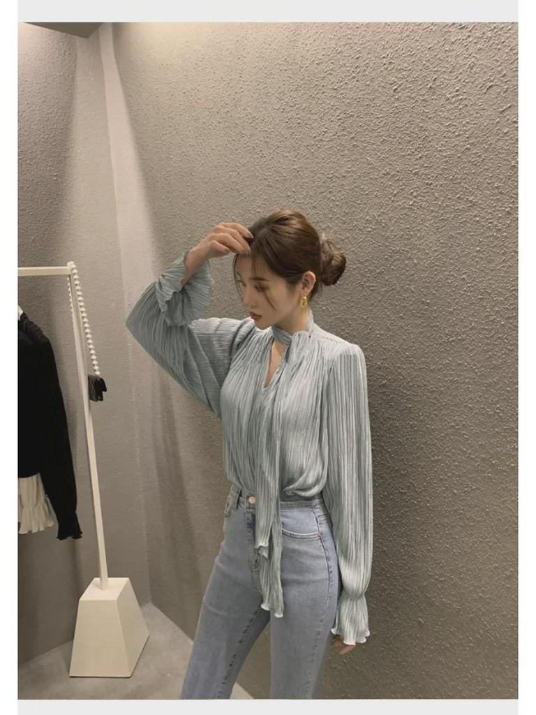 New V-Neck Trumpet Sleeve Loose Fit Casual Long-Sleeve Women's Top