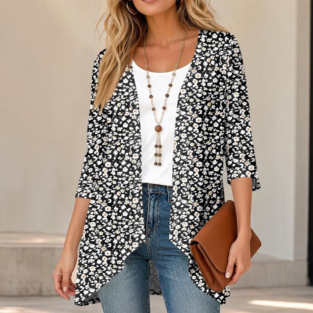 Damen Vintage Cardigan mit Blumendruck, Dreiviertelärm, Lässiger lockerer Schnitt, Leicht für Frühling Sommer
