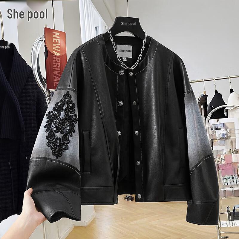 

Женская короткая куртка тай-чи из вышитого денима и с вставками из ПУ кожи XL