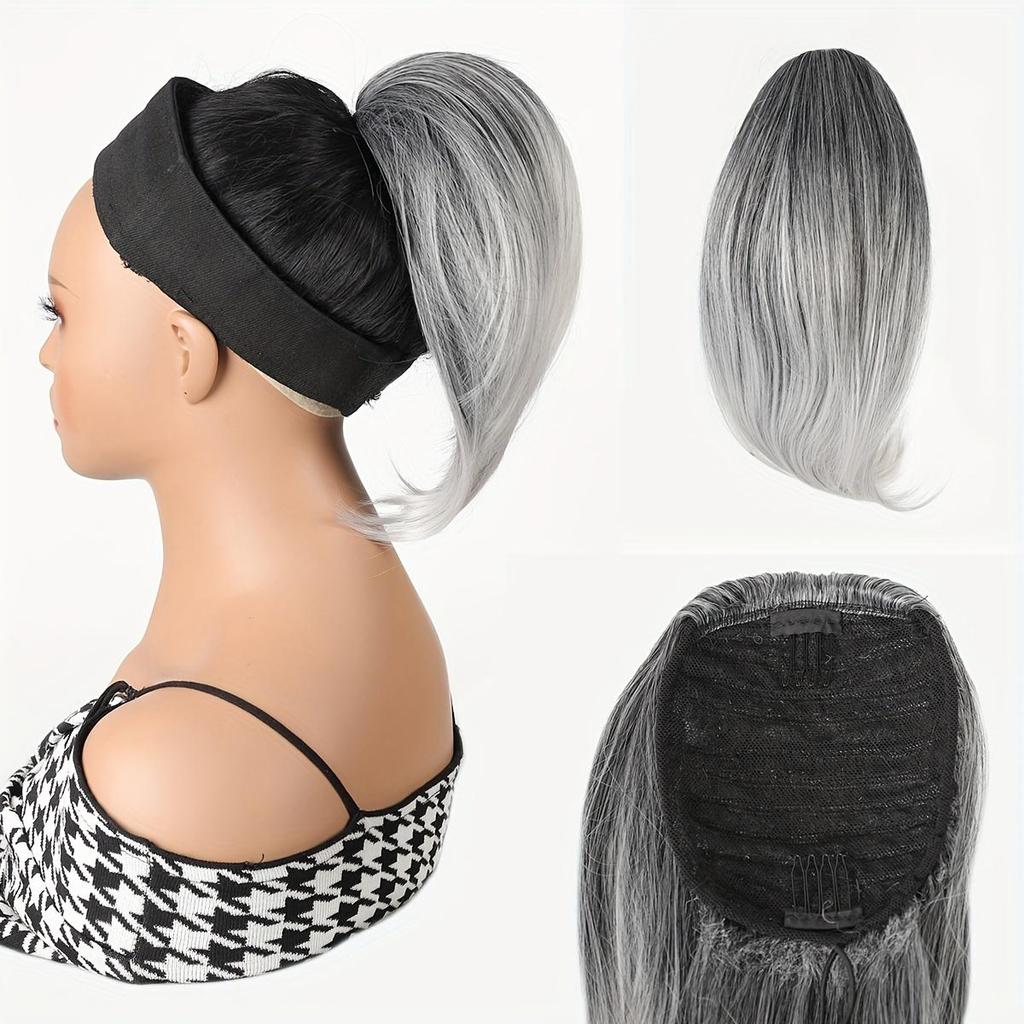 Pferdeschwanzverlängerung für glattes Haar für Frauen, einfach anzubringender Pferdeschwanz mit Kordelzug in natürlicher Schwarz-Grau-Mischung, verstellbares Gummiband mit sicherem Kamm