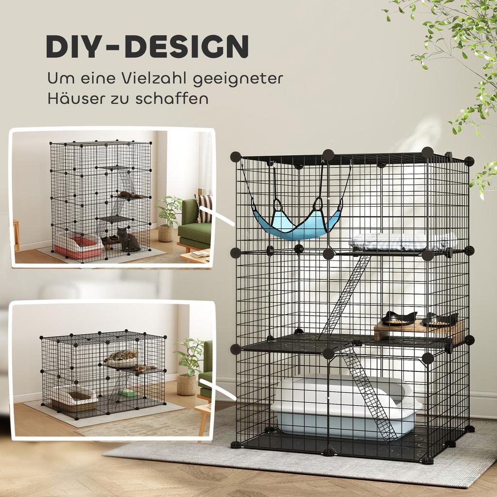 Indoor Cat Cage DIY Customizable 3-Tier Indoor Cat Enclosure with 3 Doors and Hammock 105 Cm Black