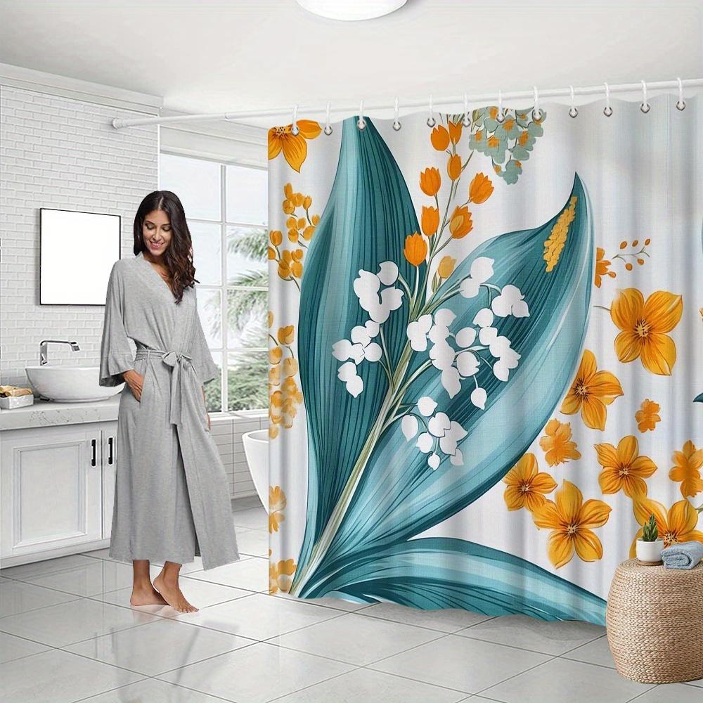 Vintage Floral Shower Curtain - Teal Green Leaves, Vibrant Orange Flowers, Fade-Resistant, Machine Washable