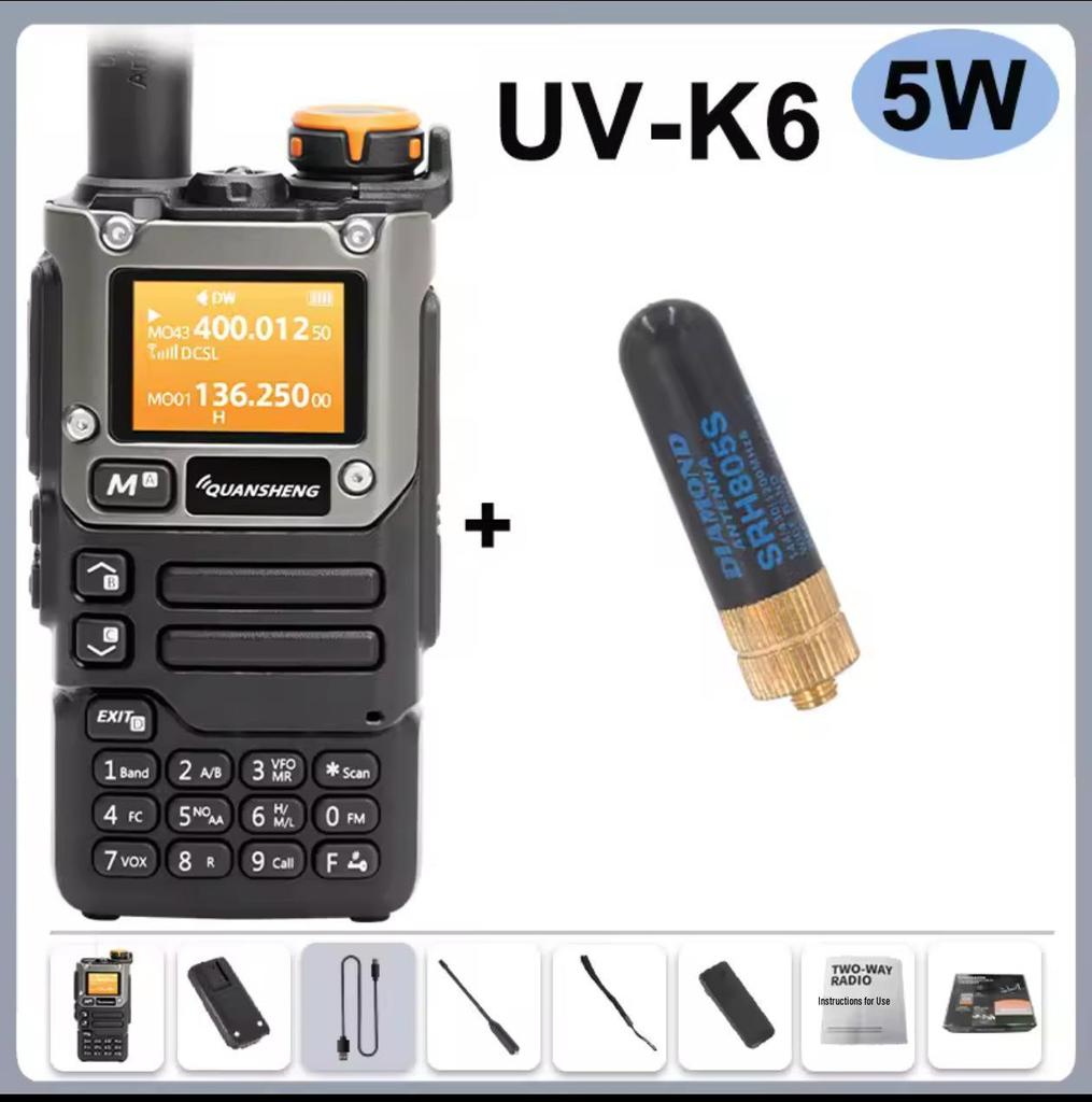 Quansheng UV-K6 Walkie-Talkie UV-K5, Aviation Multi-Band, One-Key Frequency Pairing, Bilingual English/Chinese.
