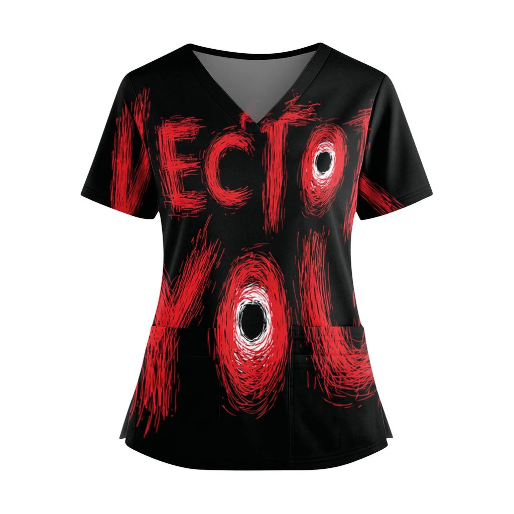 Women's Halloween Print V Neck Short Sleeve Nurse Top with Dual Pockets and Side Slits Medical Uniform Shirt for Caregivers