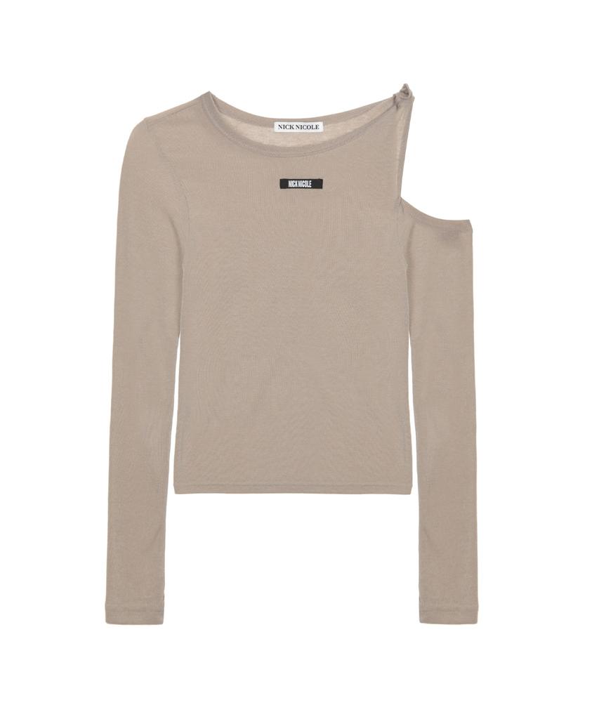 Nigaennikol Twist Cut Out Ribbed Sleeve Top_Brown