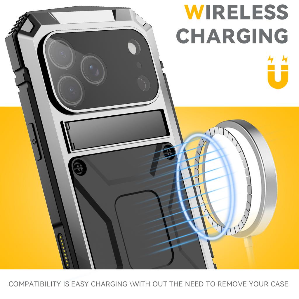 iPhone 17 Pro / Air / 16 Pro Max için 360 Koruyucu Sağlam Askeri Metal Kılıf Darbeye Dayanıklı Temperli Cam Dahili Silikon Kapak