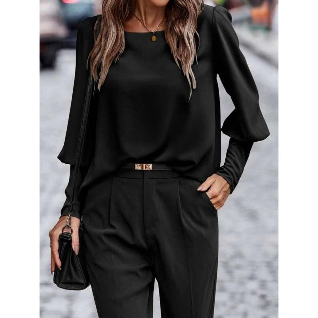 Women's Round Neck Long Sleeve Loose Fit Button Pullover Shirt Casual Blouse