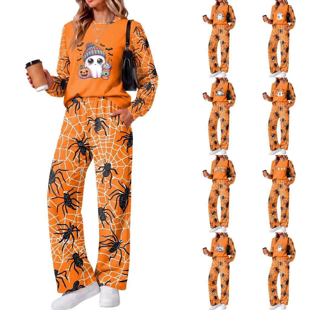 Women's Casual Loose Fit Crewneck Halloween Print Sweatshirt and Pants Set
