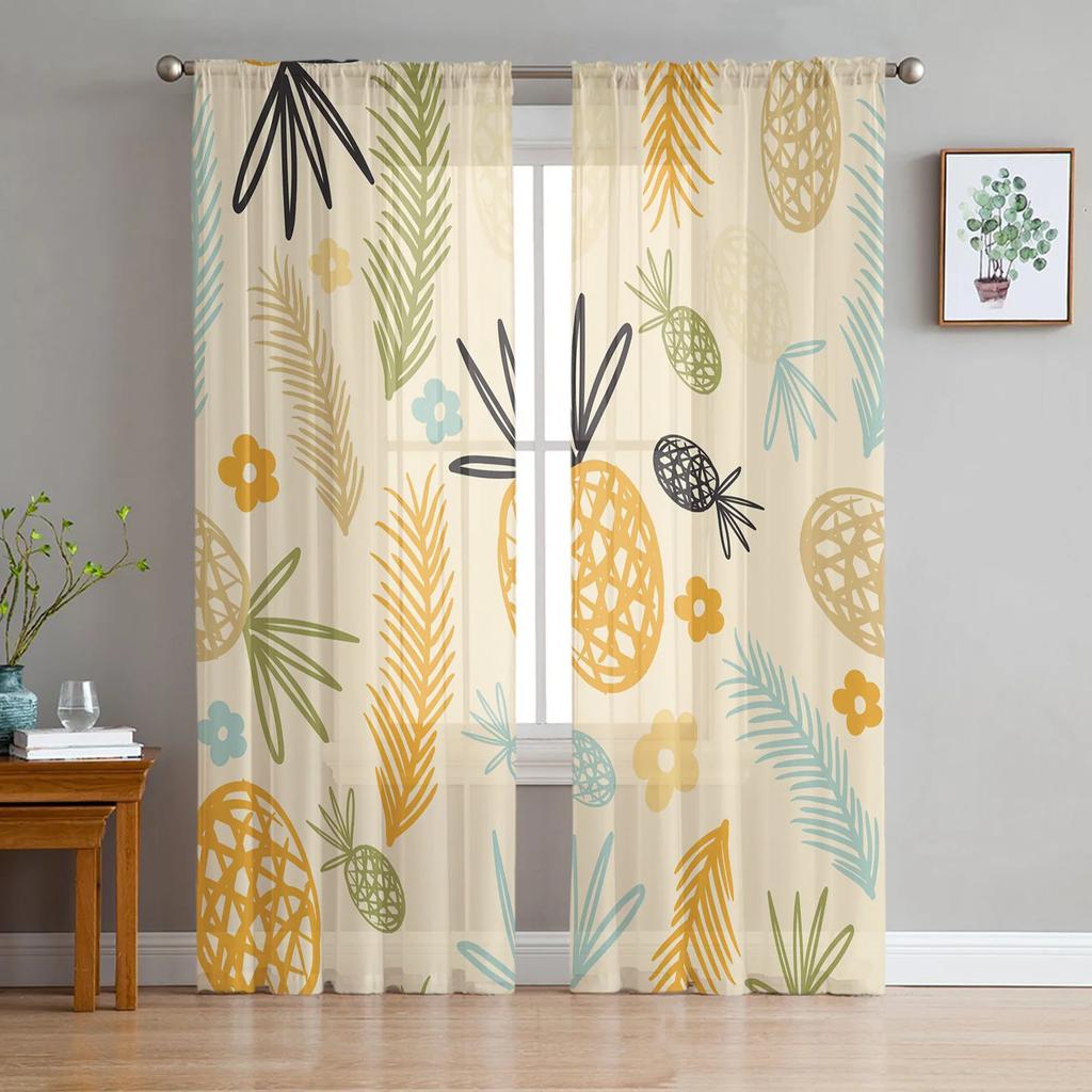 Yellow Pineapple Fruit Flower Tulle Curtains Living Room Bedroom Decoration Transparent Chiffon Voile Window Curtain Light Filtering For Polyester