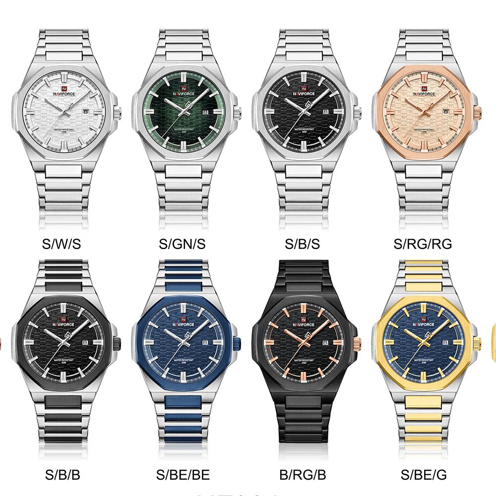 NAVIFORCE Simple Watch for Men Stainless Steel Strap Calendar Movement Luminous Pointer Waterproof 3ATM Casual Fashion Men's Watch NF9245