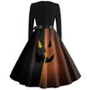 Women's Casual Vintage Halloween Print Dress Square Neck Long Sleeve Fit Flare Midi Dress with Waist Tie for Seasonal Occasion