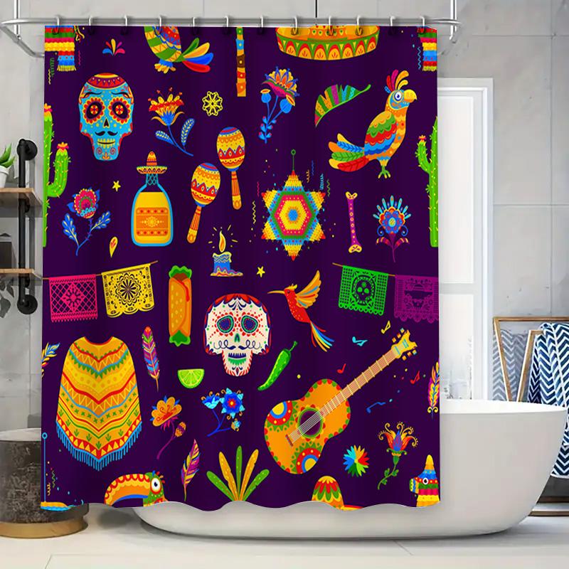 Mexican Folklore Shower Curtain Purple Pattern With Skulls, Birds Guitars For Bathroom Decor W60H190(CM)-1 Pcs