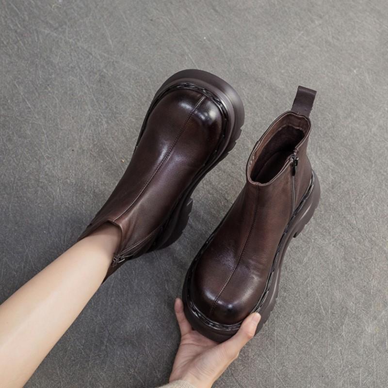 Johnature Genuine Leather Thick Soled Ankle Boots Retro Round Toe Thick Heeled Women's Short Boots