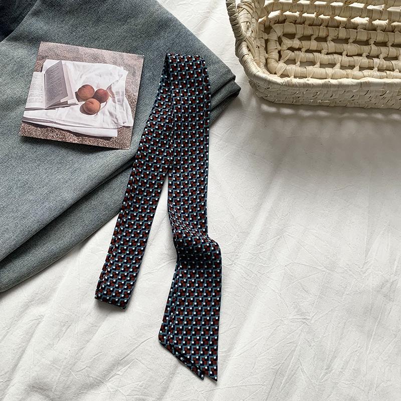 Silk scarf long strip high-end thin and narrow scarf women wear silk scarf polka dot plaid printing streamer