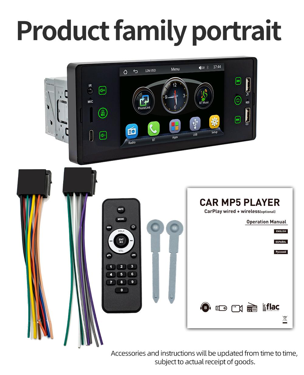 

TOYOUSONIC Проводной carplay Android Auto 1 Din 5.1 дюймовый автомобильный радиоприемник MP5 Мультимедиа Видеоплеер Bluetooth FM Аудио Стерео Авторадио