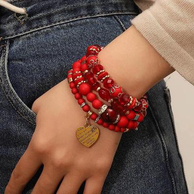1 Stück böhmischer ethnischer Stil mehrschichtiges Armband Kristall Pfirsich Herz Perlen elastische Kordel Schmuck WBL