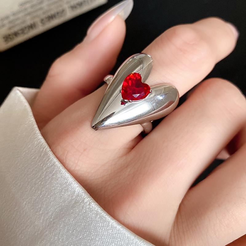 Red Zircon Smooth Heart-Shaped Open Ring Simple  Finger Rings Jewelry For Women