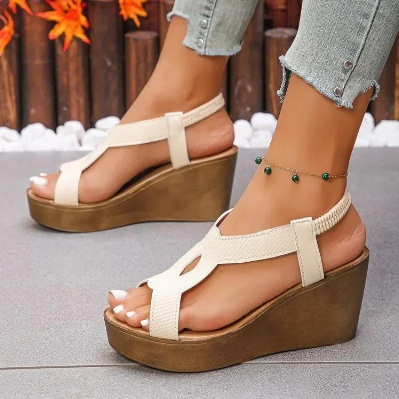 

Brand Ladies Shoes Elastic Band Women s Sandals Fashion Plus Size Women Summer Hollow Out Casual Platform Wedge Heeled Sandals 43 бежевый