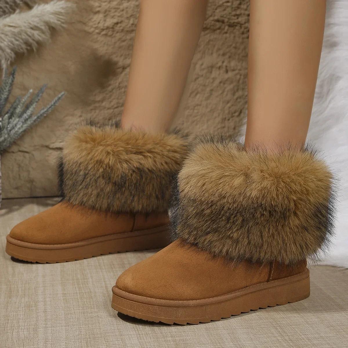 

Fashion Luxury Long Plush Decoration Snow Boots Women Non Slip Soft Cotton Shoes Women 2025 Thicken Warm Faux Fur Ankle Boots Plus Size 43 коричневый