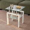 2 Pieces White Tempered Clear Glass End Table, 2-Layers Small Table with Storage, Living Room Side Table