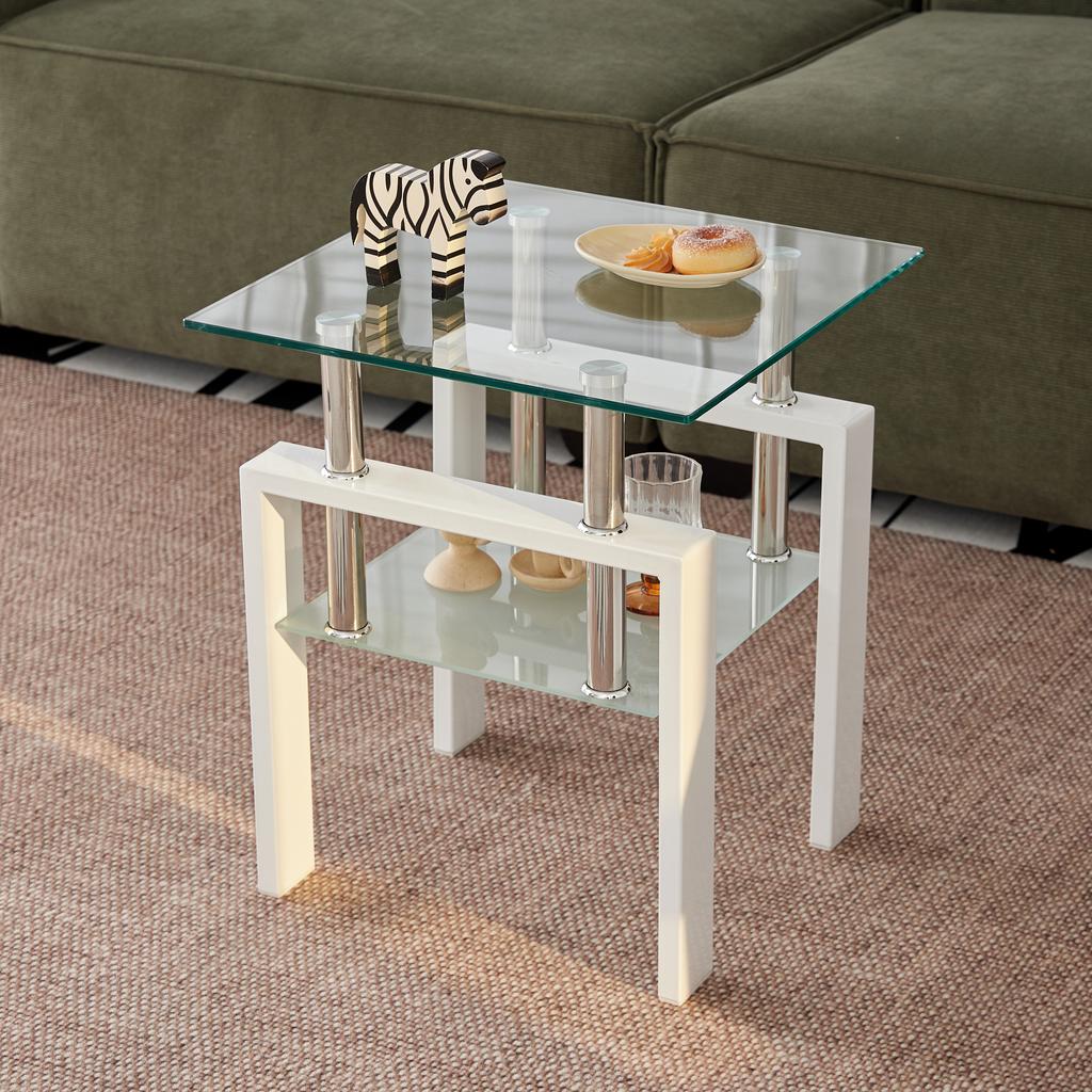 2 Pieces White Tempered Clear Glass End Table, 2-Layers Small Table with Storage, Living Room Side Table