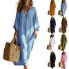 Damen V-Ausschnitt Langes Maxikleid Lockere Passform Lässiges Kaftan-Kleid Dreiviertelärm Entspannte Passform Sommer Strandkleid