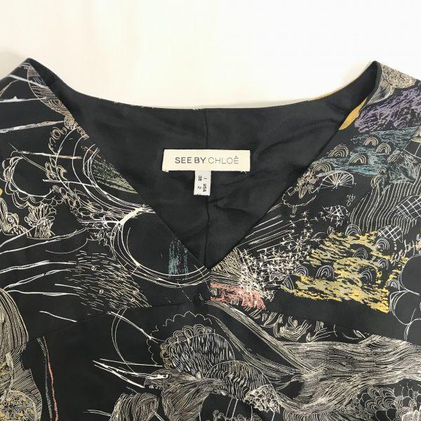 See by Chlo 100% Silk Dress Hand-Drawn Print Birds & Scenery V-Neck Short Sleeve Black M(USED)
