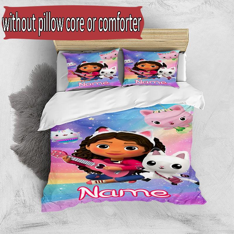 3pcs Duvet Cover Set (1*Duvet Cover + 2*Pillowcase, Without Core), Custom Name Gabby's Dollhouse Pattern Bedding Set, Home Bedroom Decor Gift