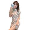 Sexy wind floral buckle improved version cheongsam dress high-end women's summer small slim split miniskirt