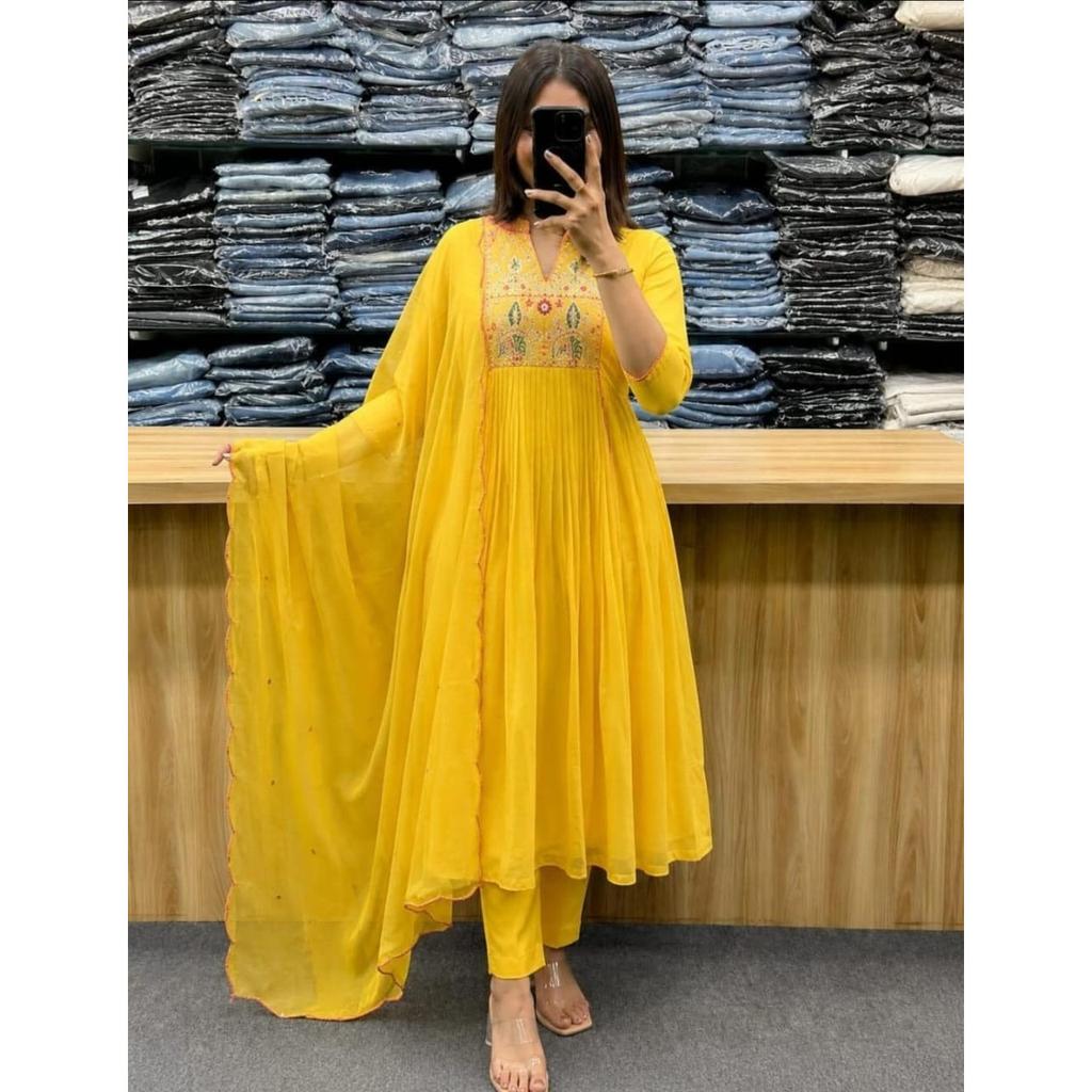 Beautiful Cotton Anarkali Kurti Pant Dupatta Pakistani Party Wear Salwar Kameez