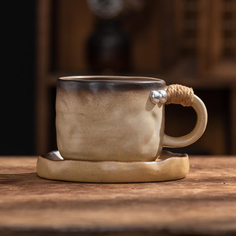 Handmade Retro Ceramic Coffee Cup and Saucer Set - Creative, Simple Design
