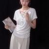 White Snowflake Cotton Henry Neck Front Shoulder Waist Short Sleeve T-Shirt Women's Summer Casual Don't Wrinkle Loose Skinny T-Shirt Top