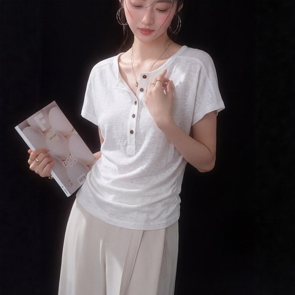 White Snowflake Cotton Henry Neck Front Shoulder Waist Short Sleeve T-Shirt Women's Summer Casual Don't Wrinkle Loose Skinny T-Shirt Top