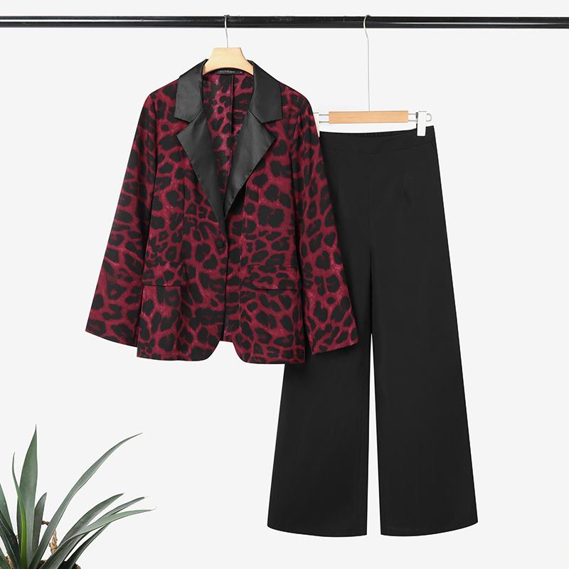 ZANZEA Women Leopard Print Cardigan Blazer and Pants Casual Two Piece Suit Sets