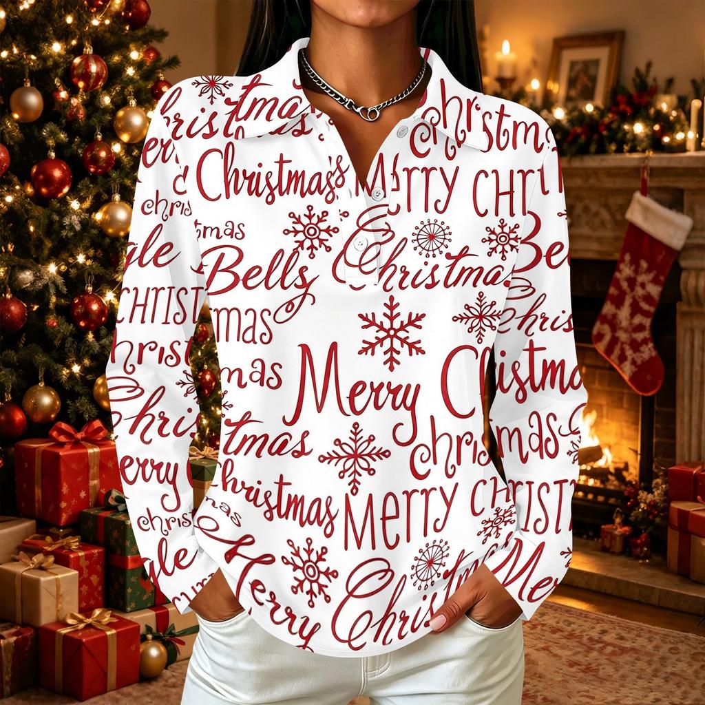 Women's Casual Christmas Print Button Down Long Sleeve Shirt with Collar and Side Slits