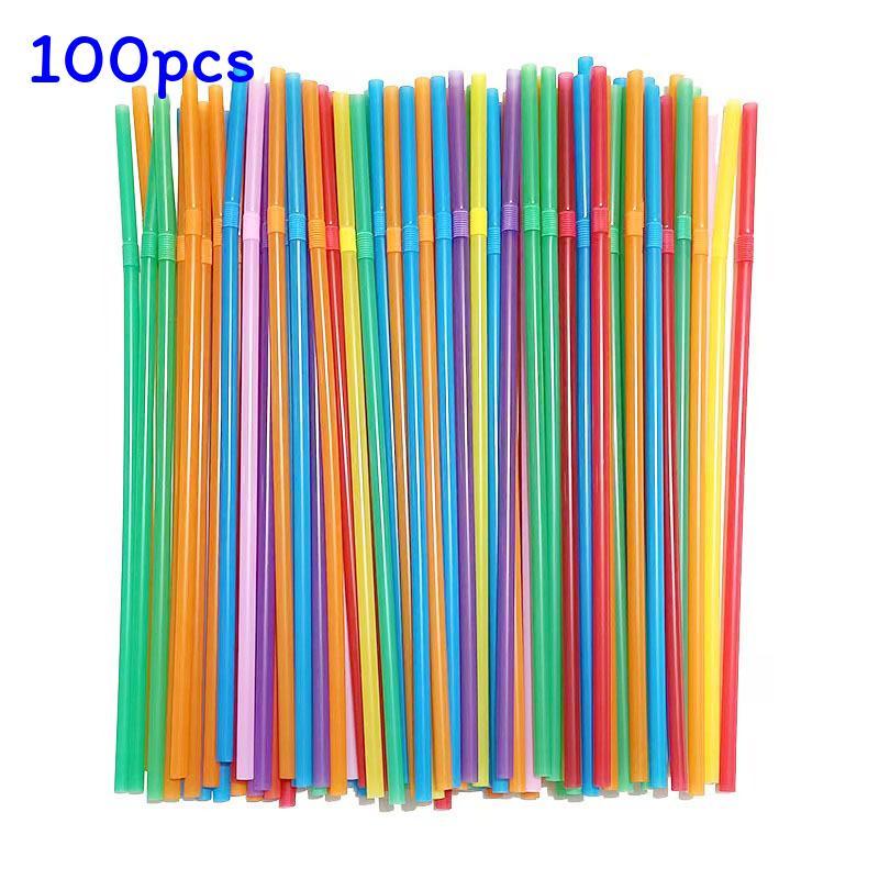 Food Grade Colored Flexible Plastic Drinking Straws For Juice And Milk Tea 100 Pack