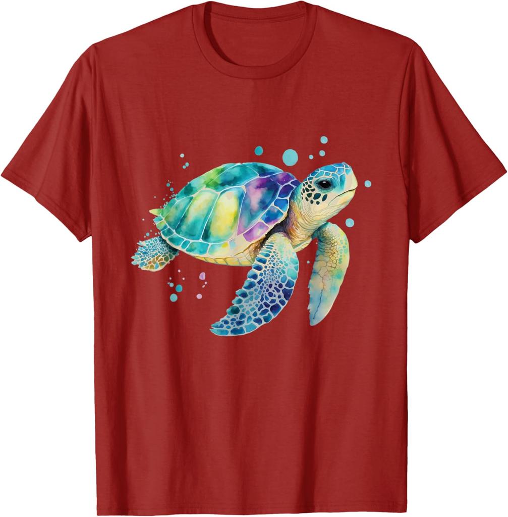 Watercolor Sea Turtle Graphic Tee Breathable Cotton Casual T-Shirt for Men Beach Trip