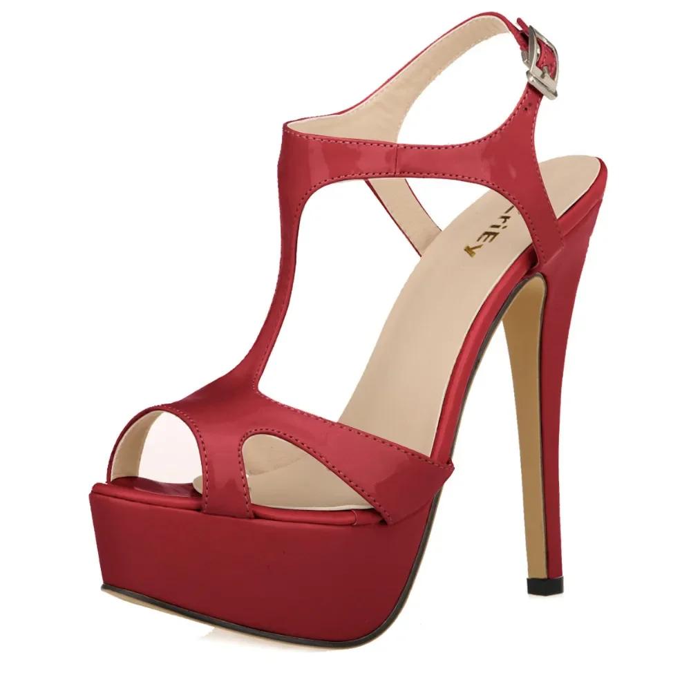 Nowe Damskie Sandały 14cm Seksowne Paski T Odkryte Palce Platforma Lato Czerwone Buty Ślubne Lakierowana Skóra Cienkie Wysokie Obcasy Duży Rozmiar 44