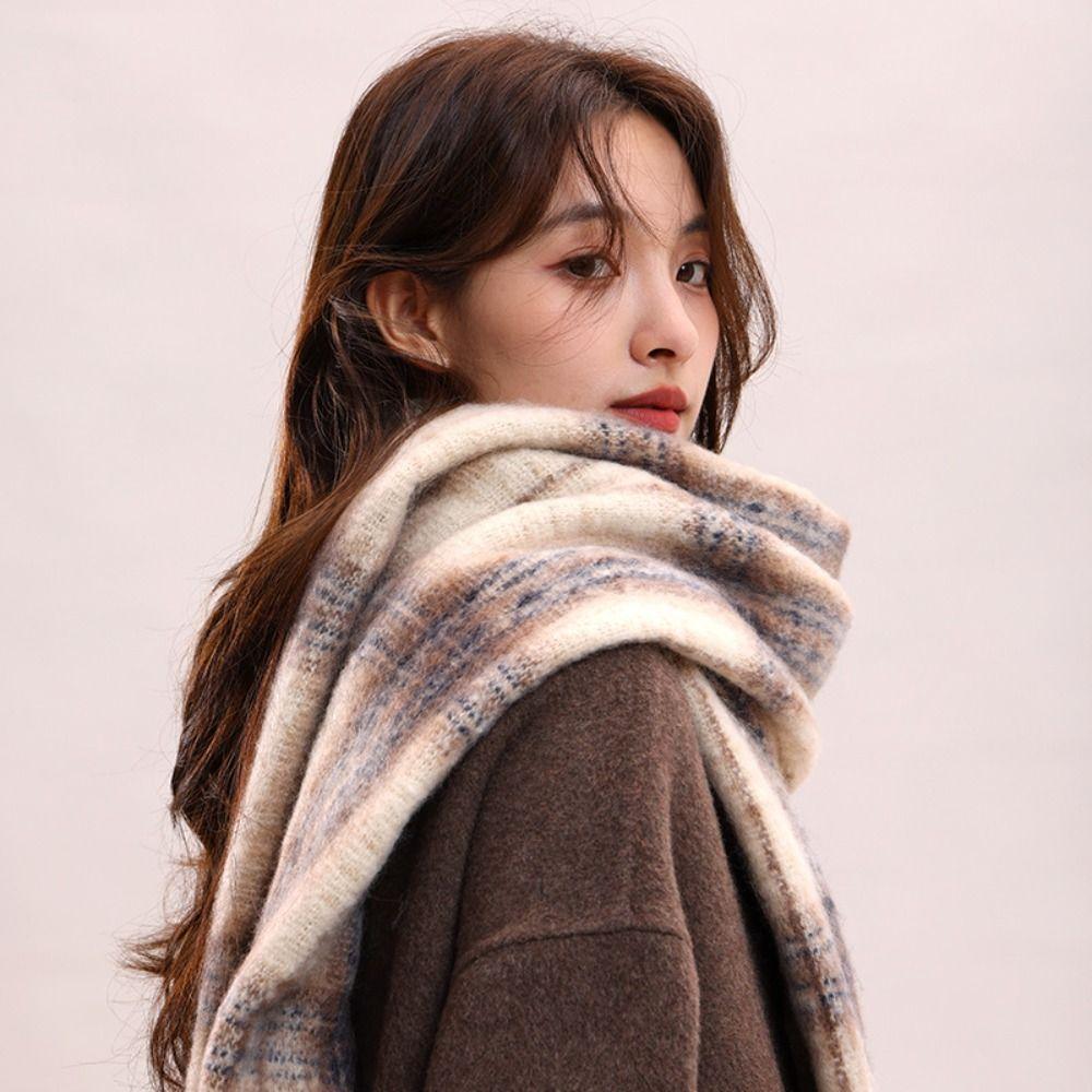 Tassel Plaid Wool Scarf Mohair Long Shawl Elegant Winter Cashmere Scarves  Girl
