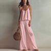 Women Summer Sleeveless V Neck Camisole Top Elastic Waist Wide Leg Pants Two Piece Set Casual Loose Fit