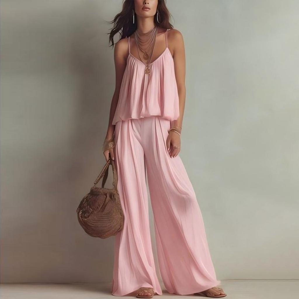 Women Summer Sleeveless V Neck Camisole Top Elastic Waist Wide Leg Pants Two Piece Set Casual Loose Fit