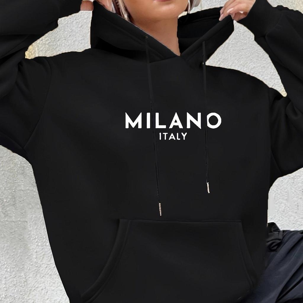Milano Print Kangaroo Pocket Hoodie, Casual Long Sleeve Drawstring