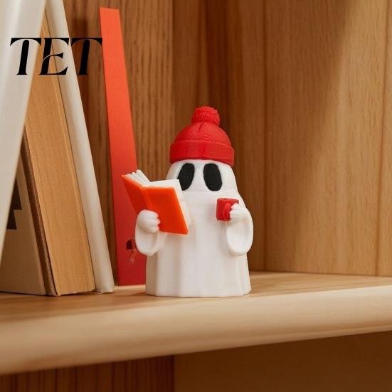 Decorative Ghost Figurine 3D Printed Halloween Figurine, Red Hat Reading Mini Statue, Holding Coffee Sculpture for Holiday Party Decoration Statue
