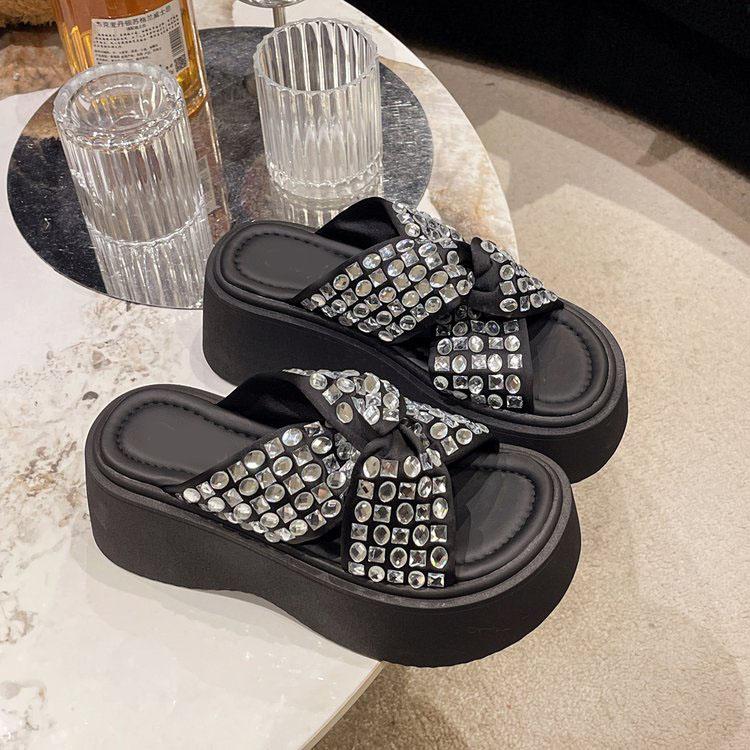 

Comemore Platform Slippers Women Summer Shoes Fashionable Sequins Glitter Thick Sole Wedge Sandals Casual Outside Heels Slides 35
