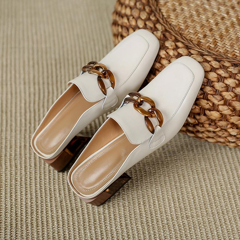 

Full Leather Inside And Outside Cow Leather New Spring Women Solid Color Slipper Square Toe Chunky Heel Everyday Women S Shoes