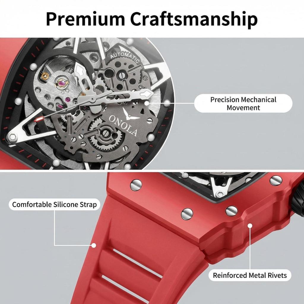 Orologi da uomo Tonneau Scheletrato Automatico Meccanico Impermeabile Luminoso Sportivo da Polso
